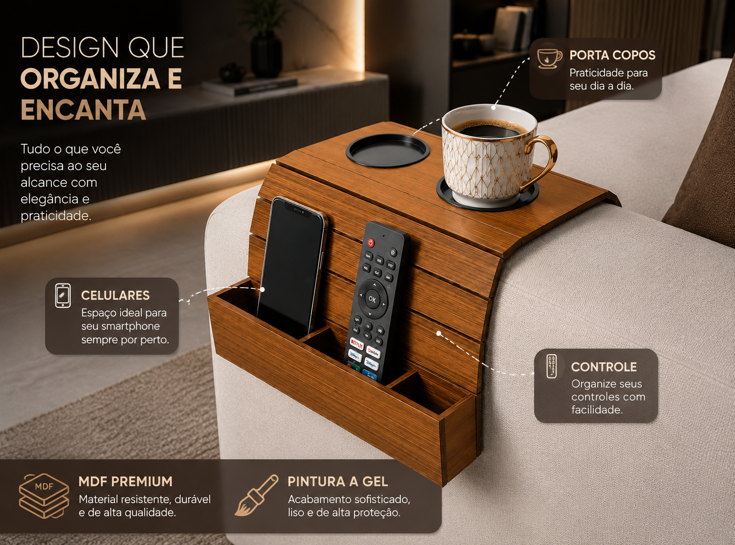 Esteira de Sofá Porta Copos e Controle Premium - Imagem 2